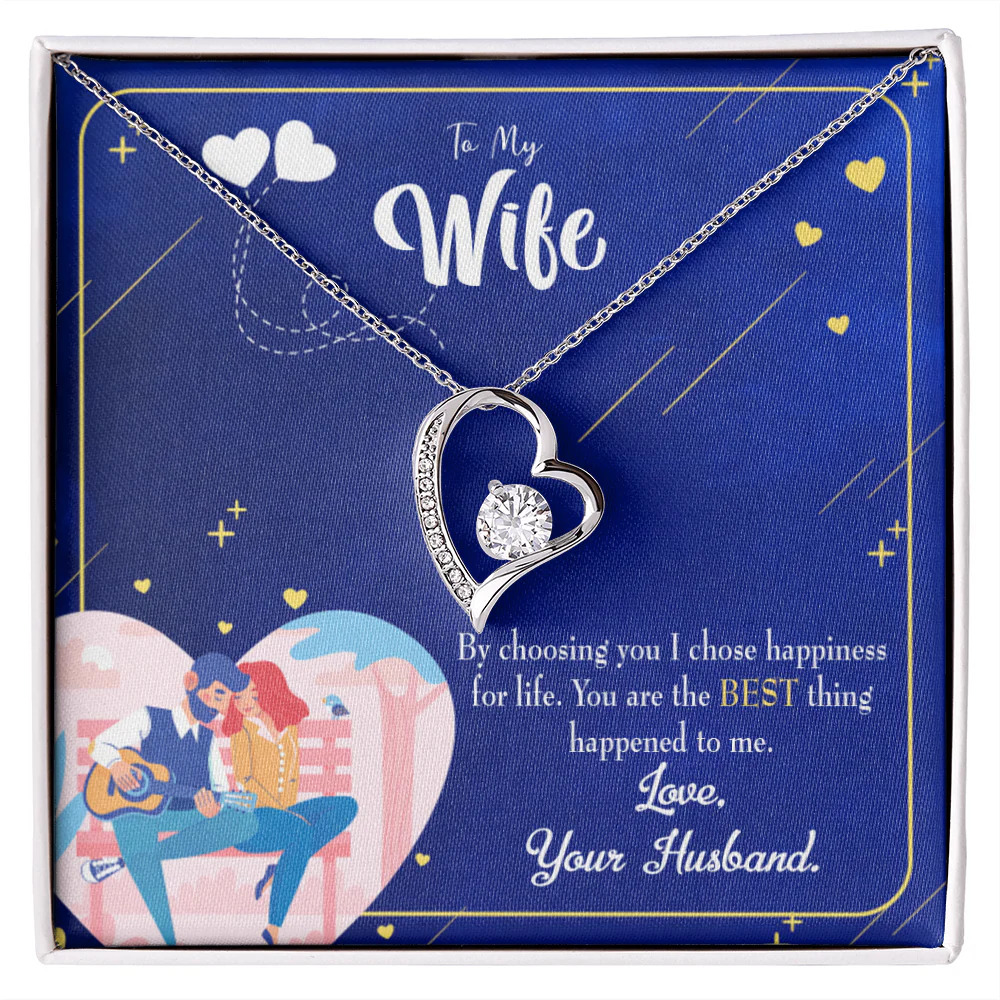 Wife I Chose Happiness Forever Love Cz Heart Necklace White Gold Standard Box